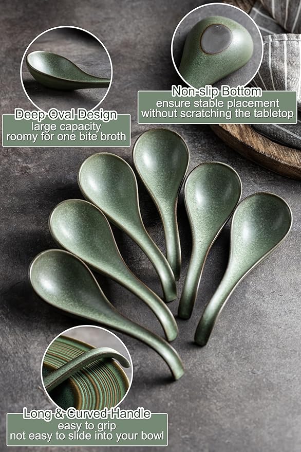 Asian Soup Spoon, Chinese Soup Spoons, Ramen Spoons, Japanese Ceramic Soup Spoon Set of 6,Thanksgiving Christmas Kitchen With Long Handle for Serving, Ramen, Pho, Noodles, Green
