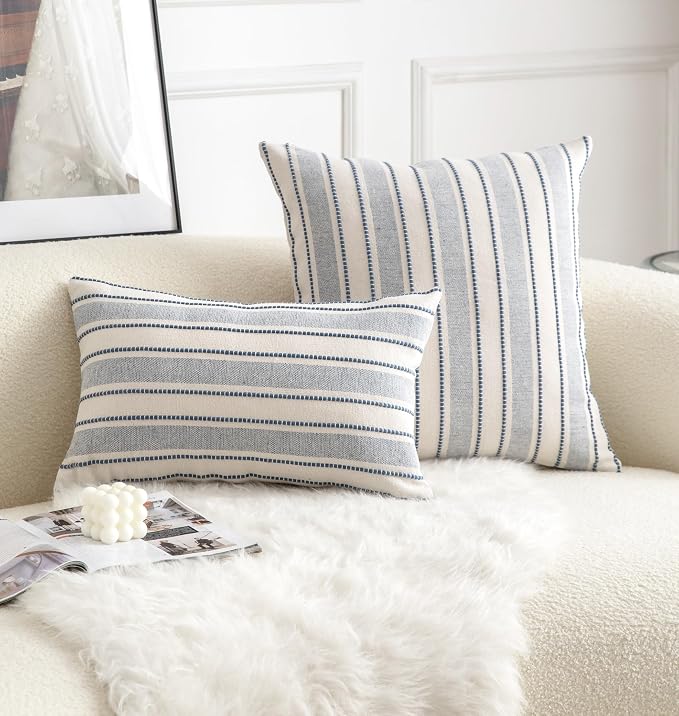 Cethom Decorative Boho Lumbar Throw Pillow Covers, Farmhouse Textured Pillow Case, 12 x 20 Inch Set of 2, Chair Sofa Bedroom Living Room Home Decor Couch Cushion Case, Classic Blue and Beige