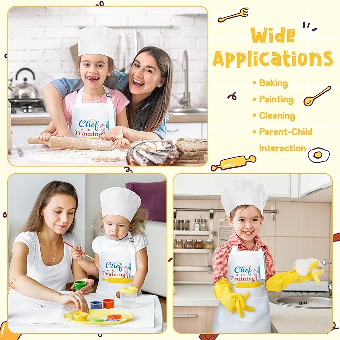 R HORSE Kid Apron and Chef Hat Set 2Pcs Adjustable Children White Kitchen Apron Dress up Role Play Chef Toy Kid Funny Cooking Gift Birthday Gift for Kids Cooking Baking Painting and Training