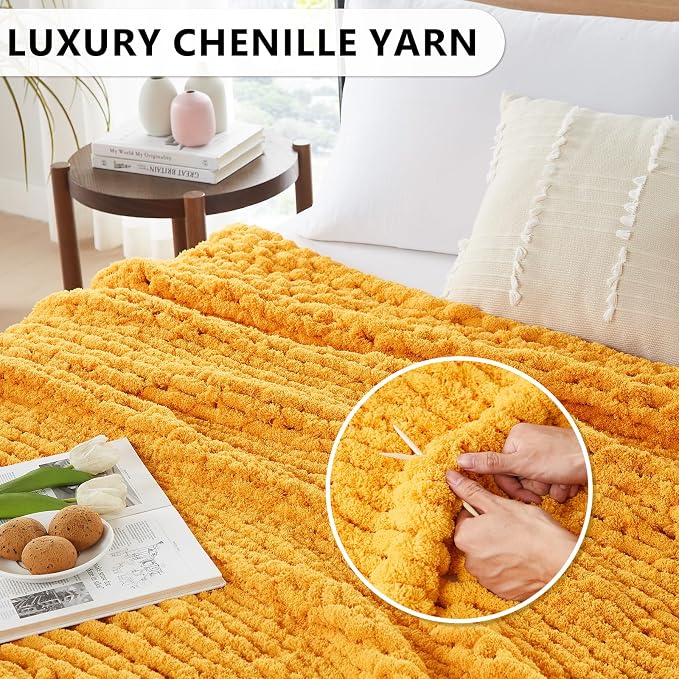 L'AGRATY Chunky Knit Throw Blanket for Couch, 30 x 40 Inches Mustard Yellow | Handmade Chenille Crochet Blanket for Sofa Bed, Thick Cable Knitted Blankets for Room Home Decor, Birthday Gift for Women Mom