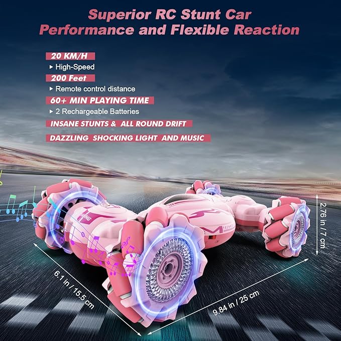 Pink RC Car Toys for Girls Aged 6-12, Gesture Sensing RC Stunt Cars with Lights Music for Girl Birthday Xmas Gifts, 2.4GHz 4WD Pink Remote Control Toy Double-Side Flip 360° All-Round Rotation