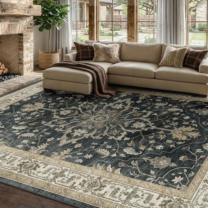 RELEANY Area Rugs 7'x9' Washable Non-Slip, Floral Vintage Distress Medallion Carpet for Living Room Bedroom Dining Room, Vintage Black Brown Neutral