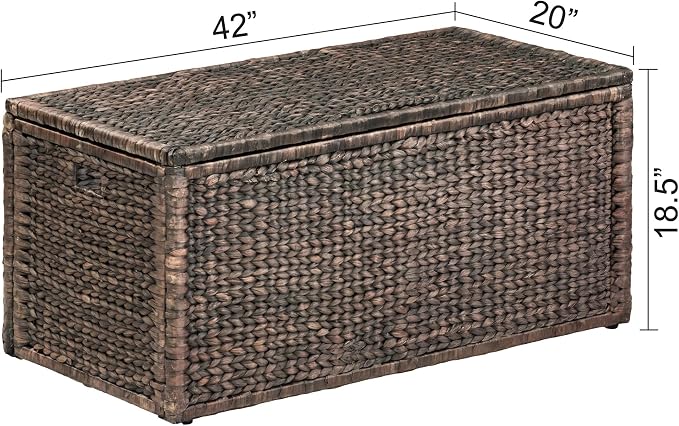 Wicker Storage Trunk, Brown Wash, 42x20x18.5 | 2 Safety Hinges, Metal Frame, Heavy-duty, Water Hyacinth