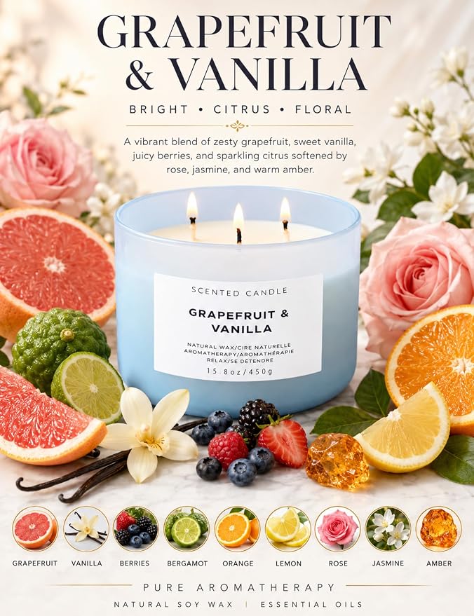 Grapefruit Vanilla 3-Wick Soy Candle | 15.8 oz Large Scented Candle for Home | Highly Scented Aromatherapy Candle for Women | Luxury Citrus Vanilla Candle Gift | Clean Burn Long Lasting