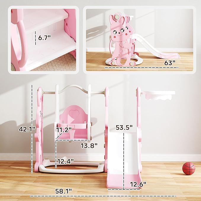 Qaba 4 in 1 Toddler Slide and Swing Set, Kids Playset for Ages 1.5-4, Rabbit Themed Children Slide Playground with Climber, Basket Hoop, for Indoor Outdoor Backyard, Pink