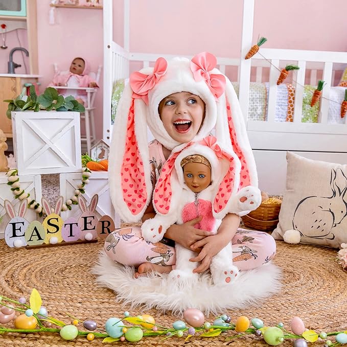 Playtime by Eimmie 18 Inch Doll Clothes and Accessories - Easter Bunny Onesie with Heart Zipper, Pink Paws & Matching Bunny Ear Hat - Fits American, Generation & Other 18" Dolls for Girls