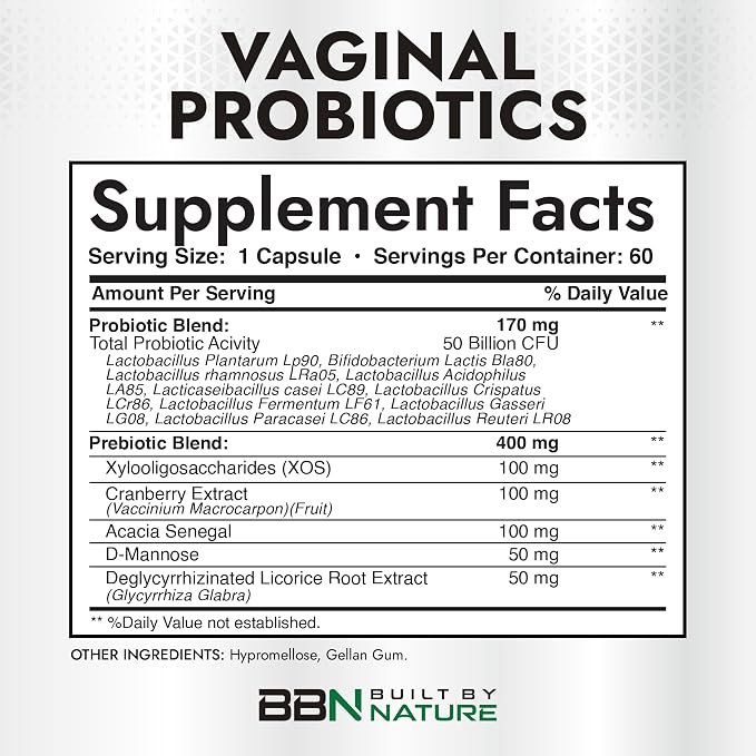 Built by Nature Vaginal Probiotics for Women – pH Balance & Feminine Health with Prebiotics, Lactobacillus & Cranberry Extract – 50 Billion CFU – Support UT, Vaginal Odor & Flora – 60 Capsules