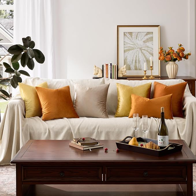GIGIZAZA Orange Velvet Pillow Covers 24x24 Decorative Pillows Pack of 2 | Throw Pillows for Couch Sofa,280gsm Soft Textured Fabric,Modern Square Pillowcases,Luxury Cushion Covers