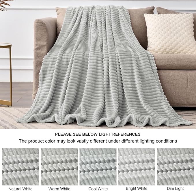 BEDELITE Ribbed Jacquard Light Grey Fleece Twin Blanket for Bed, 60x80 Inch | Soft Warm Decorative Fluffy Blanket, Cozy Plush Lightweight Fuzzy Throw Blanket for Couch Sofa Room Decor, Gift for Women