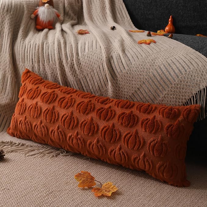 DFXSZ Fall Pillow Covers 14x36 2Pcs Rust Pumpkin Fall Decorations for Home | Fall decor Set of 2 Throw Pillow Cases Soft Plush Faux Fur Wool Couch Cushion for Chair Sofa Bedroom Living Room Home Decor