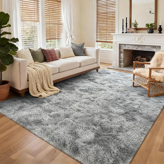 5x8 Ft Large Shag Rugs for Living Room, Tie Dyed Ultra Soft Fluffy Furry Area Rugs for Bedroom Indoor Floor, Aesthetic Carpet for Kids Home Decor (Light Grey)