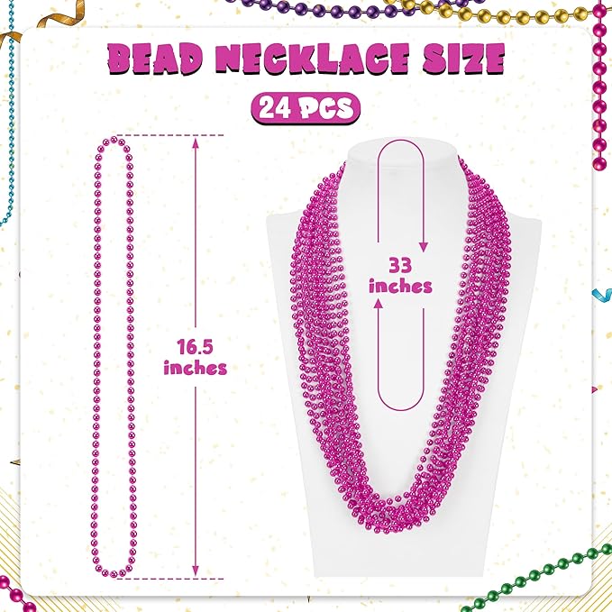 24 PCS Mardi Gras Beads, 33" Rosered Beaded Necklace, Breast Cancer Awareness Accessories, Carnival Beads Parade Throws for Baby Shower Decorations Festive Event Pirate Party Favors New Year Eve