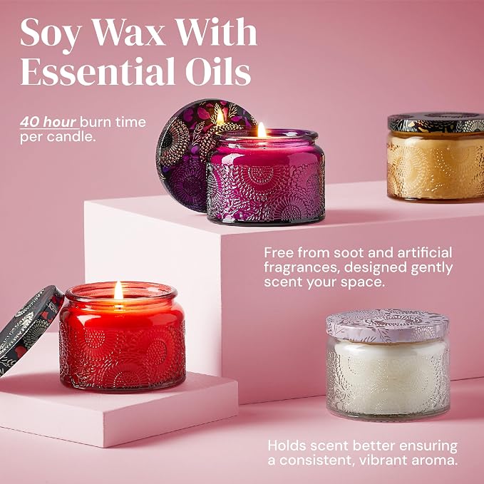 6-pc Scented Candle Gift Set for Mom, Aromatherapy Inspired, Adelegourdain | Incl. 4 Soy Wax Candles and 2 Fragrance Packets - Mom Gift Box - Scents incl. Bergamot, Maldivian Breeze, Jasmine, Berries