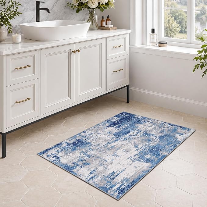 RELEANY Washable 2'x3' Abstract Area Rug for Living Room Blue Gray | carpet for bedroom, kitchen, office, hallway and entryway, printed pattern, non-slip, soft, stain-resistant, easy to clean