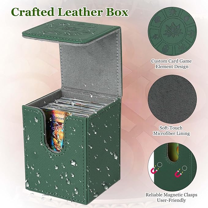 Arkeiliy MTG Deck Box with 50 Pcs Card Sleeve, 110+ Card Storage Leather Deck Box for Magic Commander, Collectible Trading Card Cases for Trading Card Games (Green)