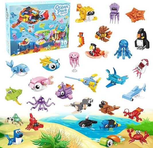 30 Packs Ocean Party Favors for Kids 895 PCS Mini Marine Animals Building Blocks for Goodie Bag Stuffers, Bulk Classroom Prizes, Christmas Birthday Party Favors for Boys Girls Ages 6-12