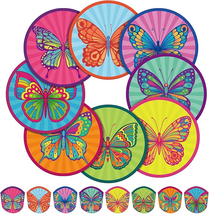 Gejoy 24 Pcs Colorful Butterflies Foldable Fan Style Summer Butterflies Handheld Round Folding Flying Disc for Women Man Daily Use Festival Wedding Party Favors Decorations Portable, 8 Style