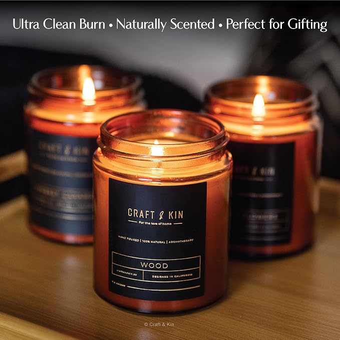 Craft & Kin Premium Wood Scented Candle – Long Lasting, 45 Hour Burn Time – Luxury Natural Soy Scented Candle – Room Decor and Aromatherapy – 8 oz
