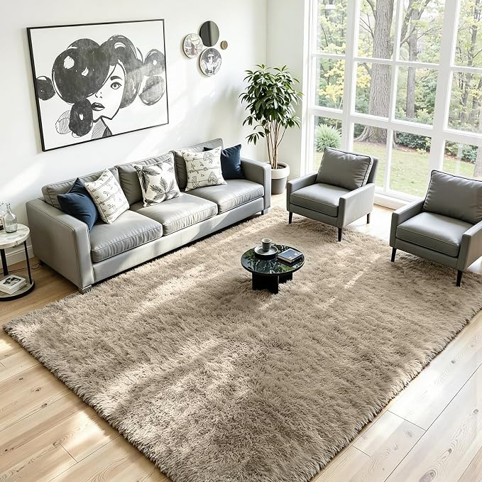 6x9 Area Rug for Living Room, Ultra Soft Fluffy Grey Camel Rugs for Bedroom, Non Slip Large Shag Carpet, Fuzzy Plush Nursery Rug, Thick Washable Indoor Floor Carpets for Kids Office Dorm Home Decor