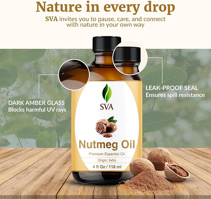 SVA Nutmeg Essential Oil 4 Fl Oz – for Diffuser, Skin & Hair Care – Ideal for Massage & DIY Blends - with Dropper