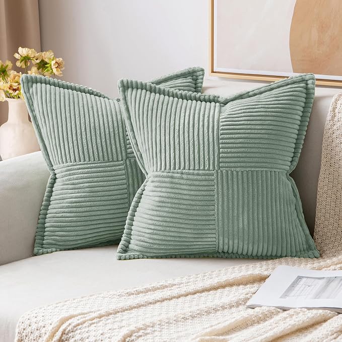 MIULEE Decorative Throw Pillow Covers for Couch 16x16 Inch Greyish Green | Boho Broadside Striped Patchwork Pillow Covers, Soft Corduroy Cushion Cases, For Sofa Bed Livingroom Home Decor