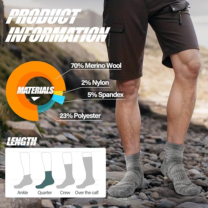 ANTSANG 6 Pairs Merino Wool Quarter Ankle Hiking Running Socks Compression Thermal Thick Cushion Socks for Women Men