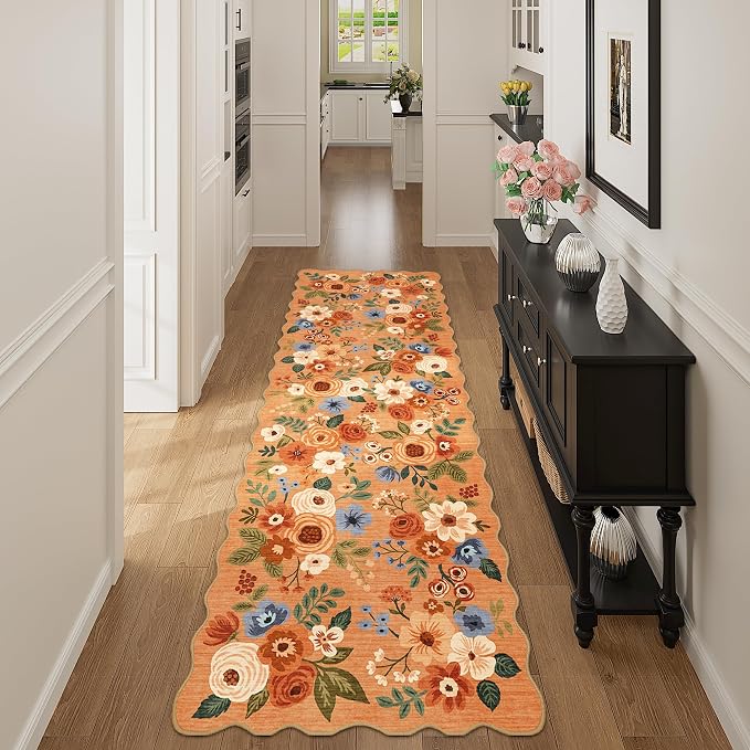 DUKINO 2.6x8 Runner Rug, Floral Washable Kitchen Rugs Non Slip, Orange | Low Pile, Stain Resistant, Soft Throw Carpet Runner for Hallway, Entryway, Bedroom, Bathroom, Pet Friendly, Modern Home Decor