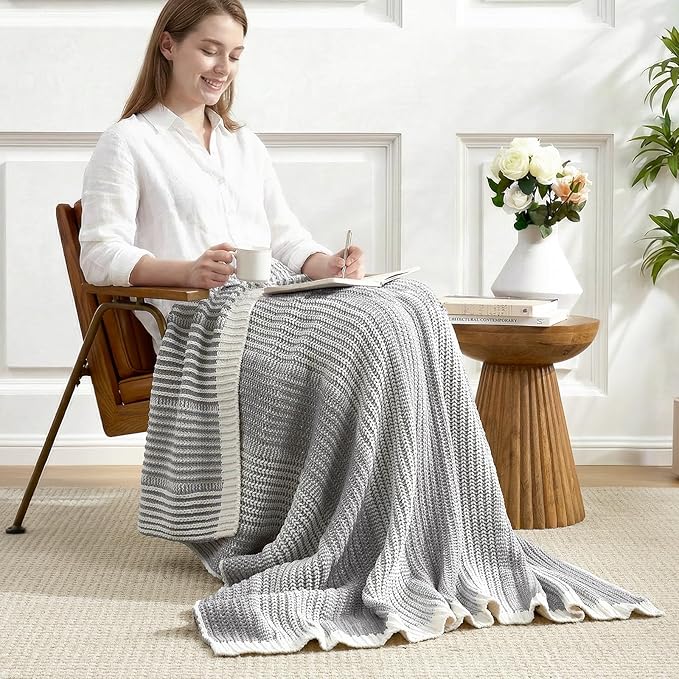 Amélie Home Premium Chenille Throw Blanket, Soft Cozy Luxury Two-Tone Knit Blanket for Couch, Sofa, Chair, Home Decor, Grey & Ivory 50"x60"