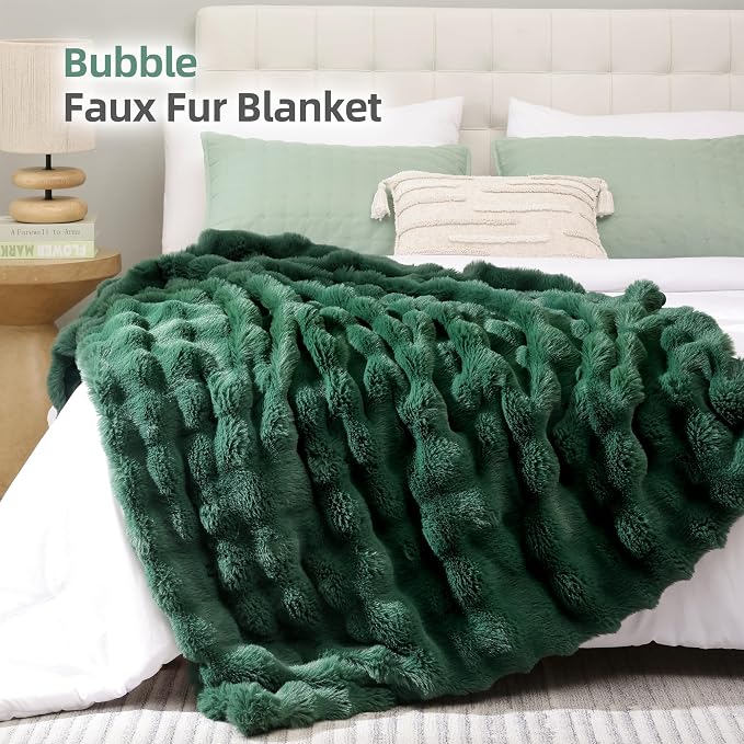 Faux Rabbit Fur Throw for Couch - Dark Green Bubble Blanket 60"x80" | Fluffy Plush Fuzzy Throw for Sofa & Bed, Super Soft Cozy Comfrt Blanket, Luxury Aesthetic Dark Green Decor Gift for Women