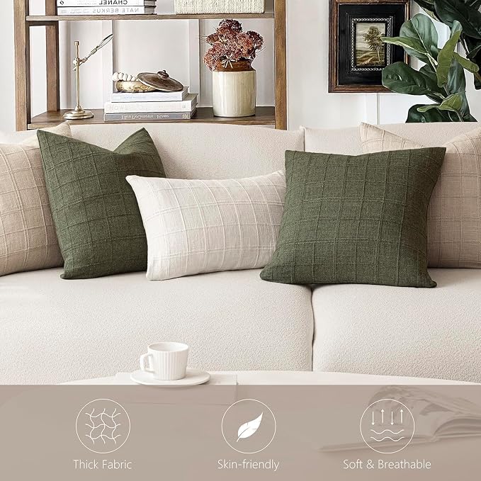 Foindtower Set of 2 Decorative Linen Check Throw Pillow Covers Neutral Farmhouse Vintage Cushion Covers Modern Boho Home Decor for Sofa Chair Couch Bedroom Living Room,24×24 Inch,Natural Linen