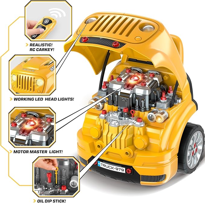 SpringFlower Toys Gifts for 3 4 5 6 7 8 Years Old Boys, Large Truck Engine, Mechanic Repair Set for Kids, Big Truck Builder Kit, Take Apart Motor Vehicle Play Car Service Station, for Kids