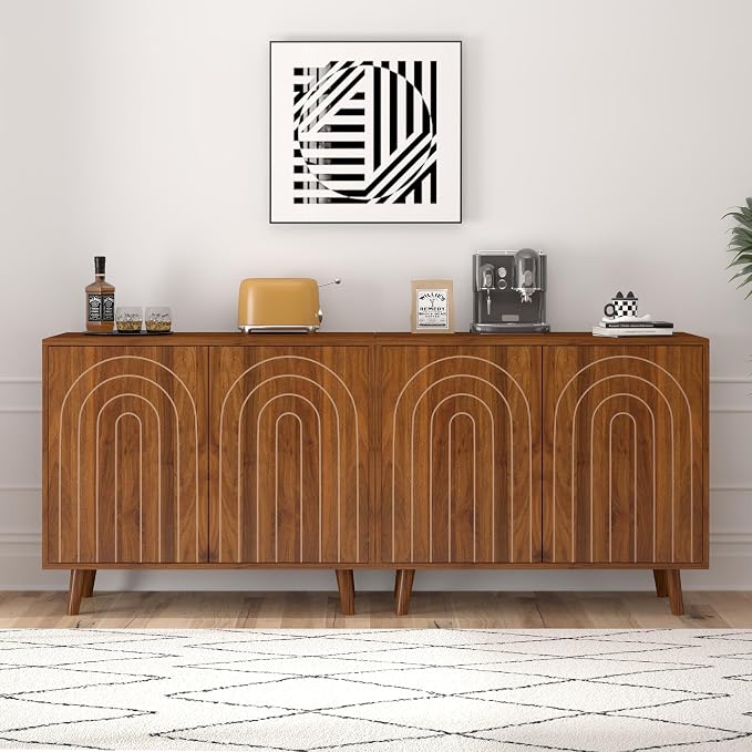weselon 63" Sideboard Buffet Cabinet Set of 2, Modern Accent Cabinet with Carving Lines, Decorative Storage Cabinets for Living Room Kitchen Office and Hallway (Walnut, 2)