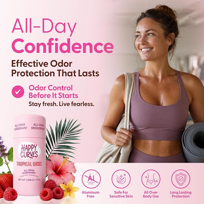 HAPPY CURVES All Over Whole Body Deodorant for Women - Aluminum-Free - Invisible All Day Layer of Full Body Protection for Long Lasting Odor Control, Sensitive Skin, & Private Parts - Tropical Oasis