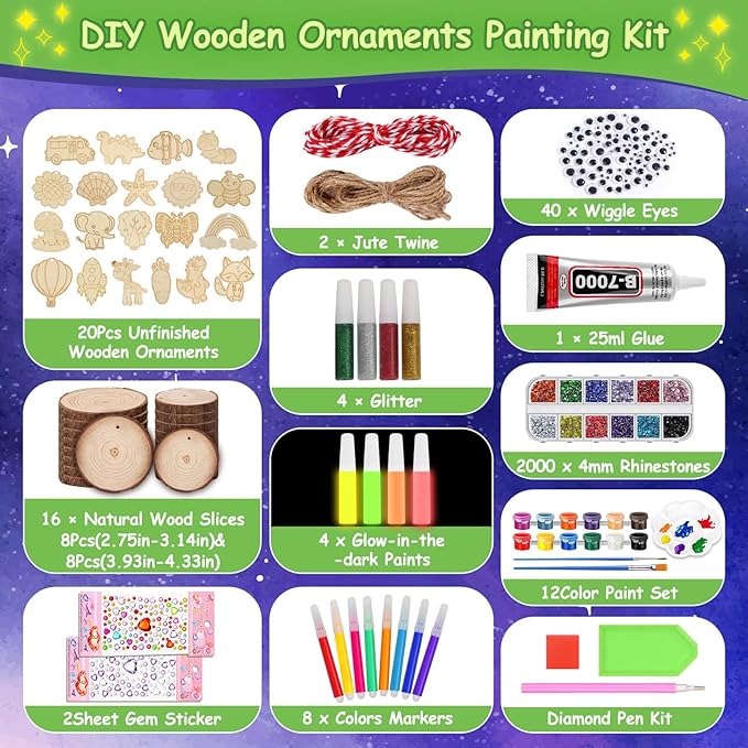 Natural Wooden Slices Painting Craft Kit, 16PCS Unfinished Wood Slices & 20Pcs Unfinished Wooden Ornaments, DIY Glow in The Dark Christmas Ornaments Craft for Decorations