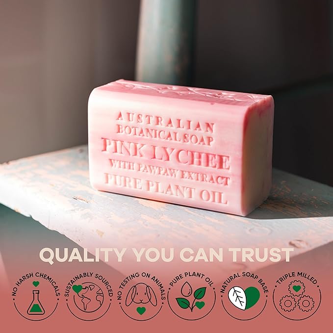 Australian Botanical Soap Pink Lychee with Pawpaw Extract – Triple Milled 6.6 oz Bar Soap with Shea Butter, Face Hand & Body Soap Bars, Pack of 4