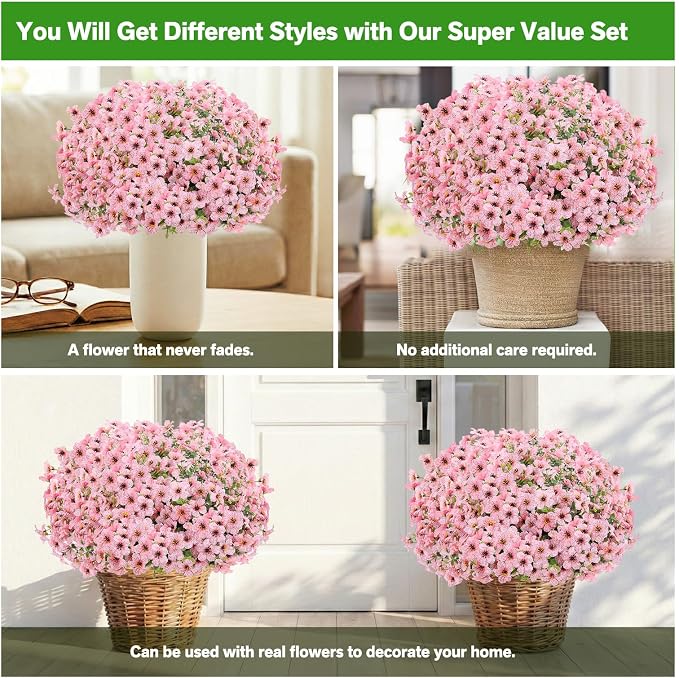 13 Bundles Artificial Flowers for Outdoors Summer Decoration | Silk Realistic UV Resistant Fake Plants Faux Flowers for Outside Planter Porch Yard Patio Garden Home Indoor, Pink