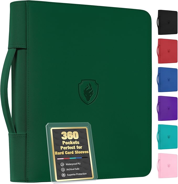 Fabmaker Top Load Binder Holds 360 Cards with Hard Card Sleeves, Portable Card Binder with Retractable Handle, Side Loading Trading Card Storage for Collectible Games, Sports Cards, Dark Green