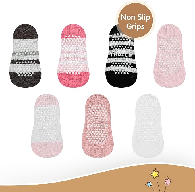 Organic Cotton GOTS Certified Non-Slip Baby Socks 0-6 Months - 7 Pairs Soft Breathable Newborn Socks Animal Design For Infant