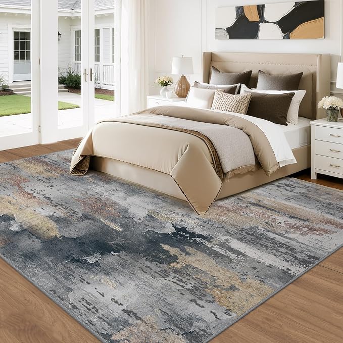 RELEANY Washable 9'x12' Abstract Area Rug for Living Room Ash Brown | carpet for bedroom, kitchen, office, hallway and entryway, printed pattern, non-slip, soft, stain-resistant, easy to clean