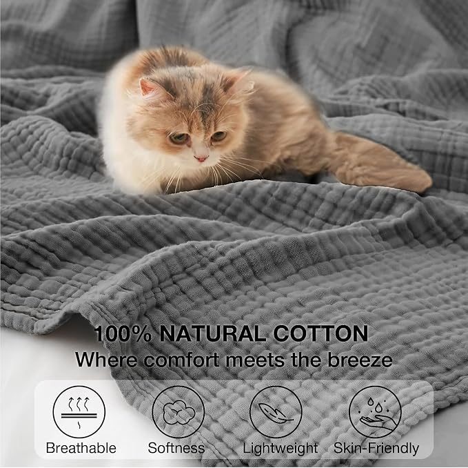 100% Cotton Muslin Blanket 40" x 40", Breathable and Lightweight Cotton Throw Blankets, Soft Cooling Summer Gauze Blanket for All Season, Dark Grey