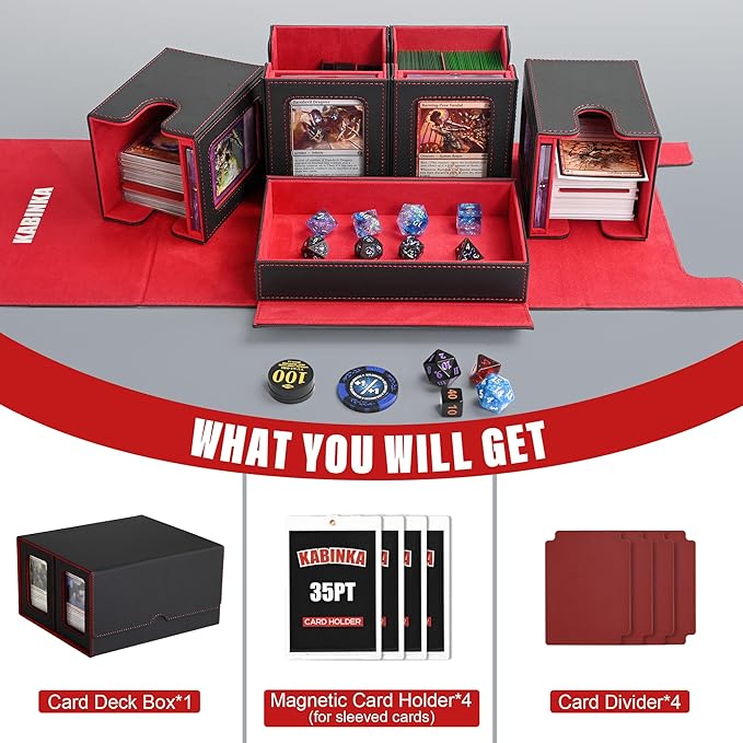 Kabinka Card Deck Box for MTG Commander, Holds 400+ Double-Sleeved Cards, 5 IN 1 Detachable Card Case with Dice Tray, Fits Magic/TCG Cards, 4 Magnetic Card Holders & Dividers (Black Red)