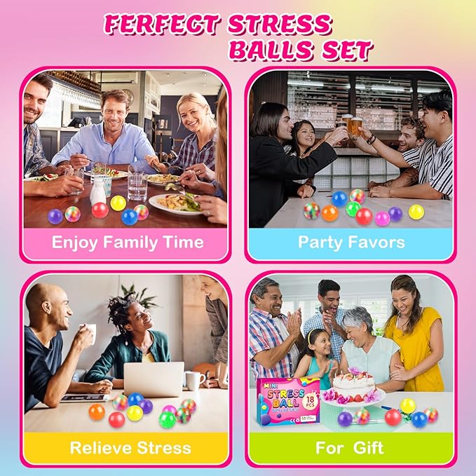 18 Pack Squishy Ball, Stress Balls Bulk for Adults, Mini Stress Balls, Anti-Anxiety and Fidget Balls to Relax， Birthday Gifts, Goodie