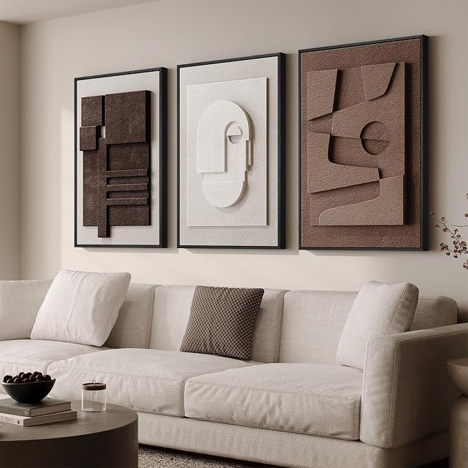 Large 3D Textured Framed Neutral Abstract Wall Art for Living Room, 3 Piece Modern Artwork for Walls, Minimalist White and Brown Geometric Wall Paintings for Hallway, Stair, Office Wall Decor 24x36 In