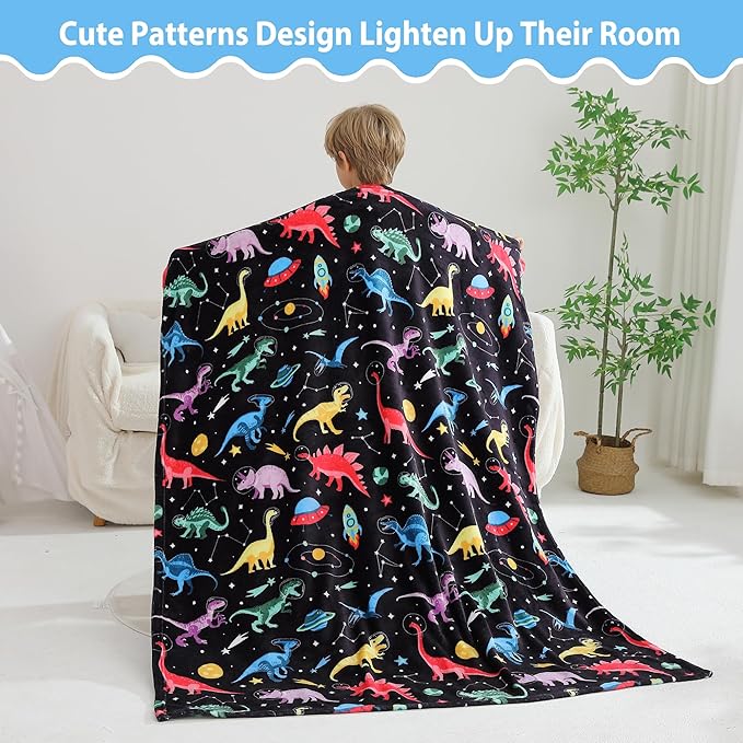 Softan Kids Throw Blanket for Girls & Boys, Warm Soft Toddler Flannel Blankets for Sofa Couch Bed， Cozy Fuzzy Plush Flannel Kids Throw Blanket for Daycare & School - Space Dinosaur 50x60 inches