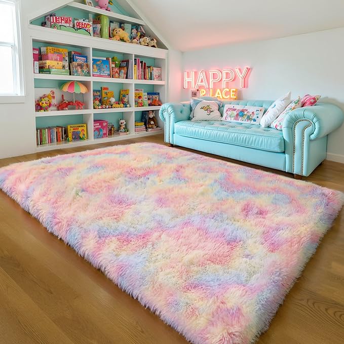 6x9 Thick Unicorn Rug for Girls Bedroom, Rainbow Plush Shag Carpet | Pastel Area Rug for Living Room, Nursery, Kids Dorm Room, Washable Non Slip Shag Carpet