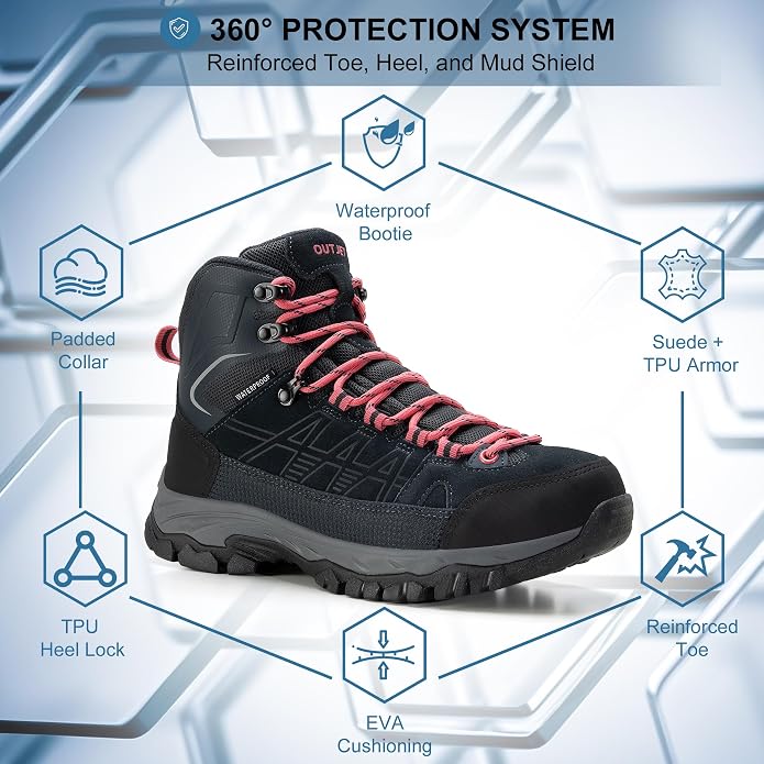 Women's Waterproof Hiking Boots Lightweight Comfortable Non-Slip Outdoor Walking Trekking Trails Boot