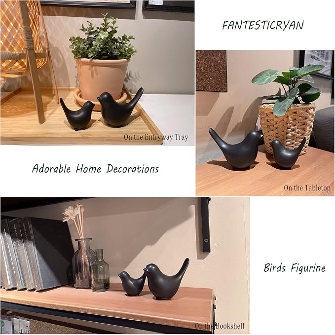 FANTESTICRYAN Small Birds Statues Home Decor, Modern Style, Black, S&L | Ceramic Animal Figurines, Set of 2 Decorative Ornaments, For Living Room, Bedroom, Office Desktop, Cabinets, Coffee Bar