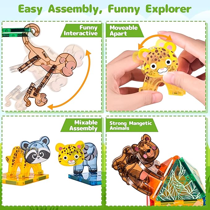Magnetic Tiles Animals Jungle Gifts Building Sets,Toddler Toys for Kids Ages 4-8,Forest Montessori Magnet Tiles Set, Safari Zoo Animal Toys,STEM Construction Blocks for Toddlers 3-5