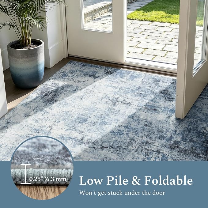 Rugflix 5x7 Area Rugs for Living Room, Washable Light Blue Grey Large Rug | Machine Washable; Stain-Resistant; Low Pile; Non-Slip; Modern Abstract; Black Carpet for Bedroom Dining Office Nursery Home