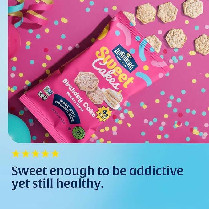 Lundberg Sweet Cakes Birthday Cake | Mini Rice Cakes | Gluten-Free, Non-GMO | 4g Sugar, Whole Grain Snack | Monk Fruit Sweetened | 5oz Bag